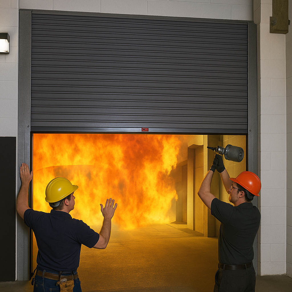 Fire-rated garage door installation at a commercial facility in Huffman TX