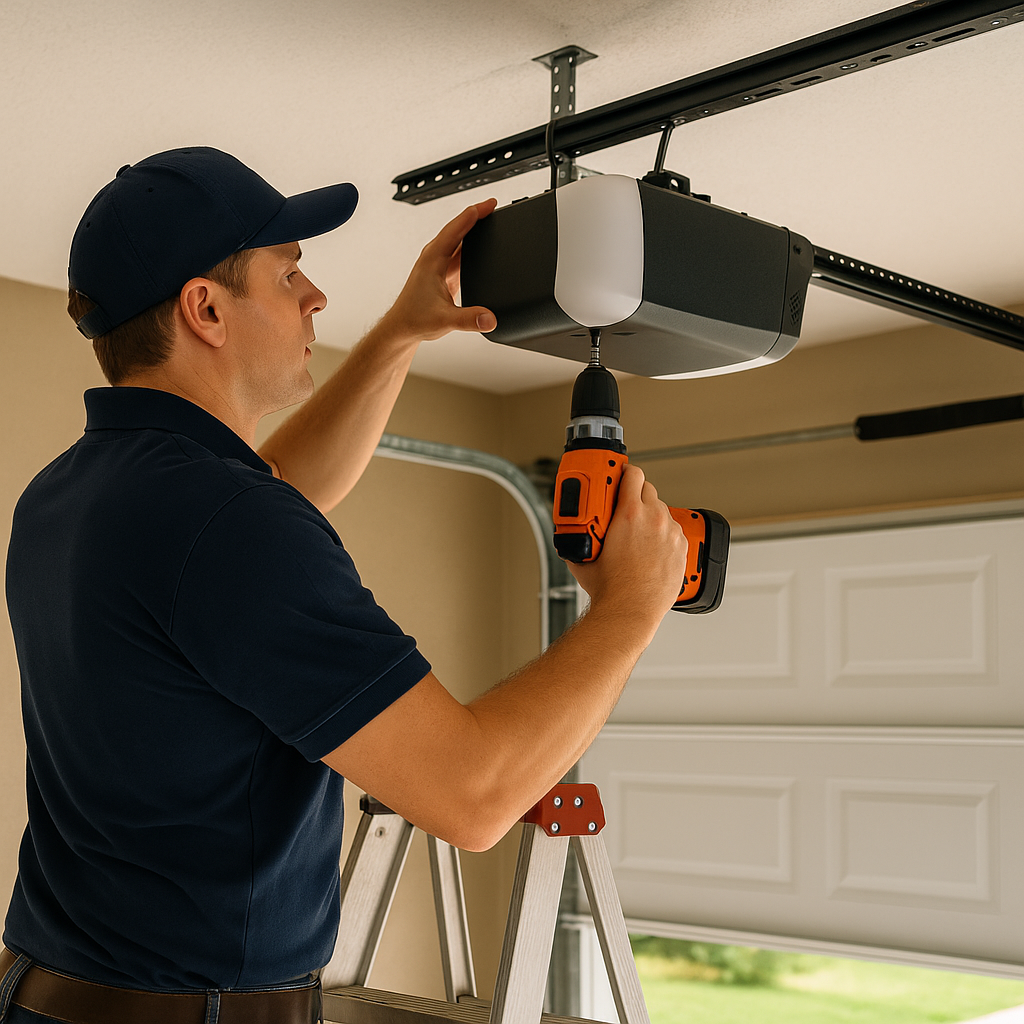 Technician installing a new garage door opener system in Spring Texas